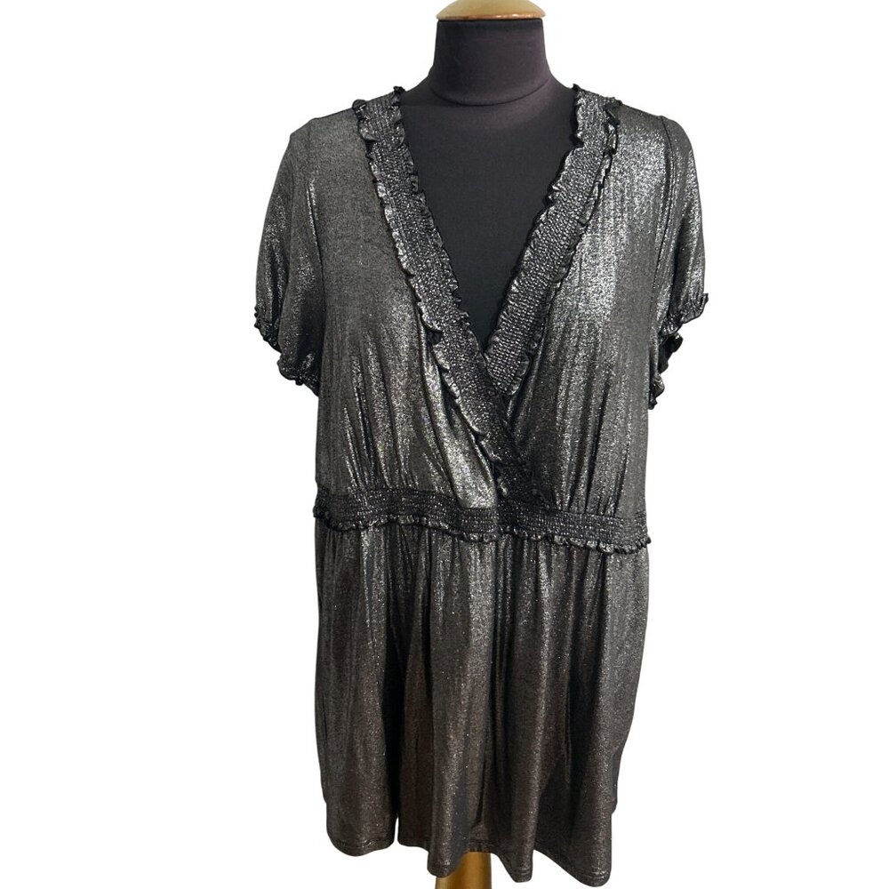I.N.C. International Concepts Black Silver Metallic Ruffled Short-Sleeve Top 2X